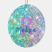 Niedliche irisierende, unicorblau Imitate Glitzer Keramik Ornament (Links)