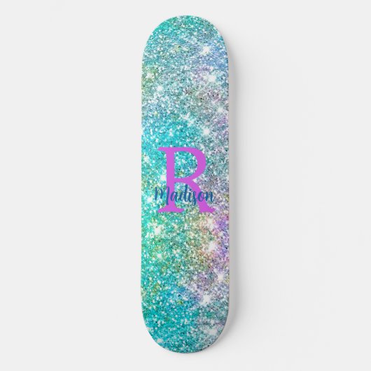 Niedliche irisierende, unicorblau Imitate Glitzer  Skateboard (Vorderseite)