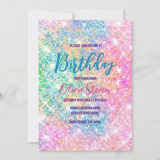 Niedliche irisierende, unicorfarbene Imitate Glitz Einladung (Vorderseite)
