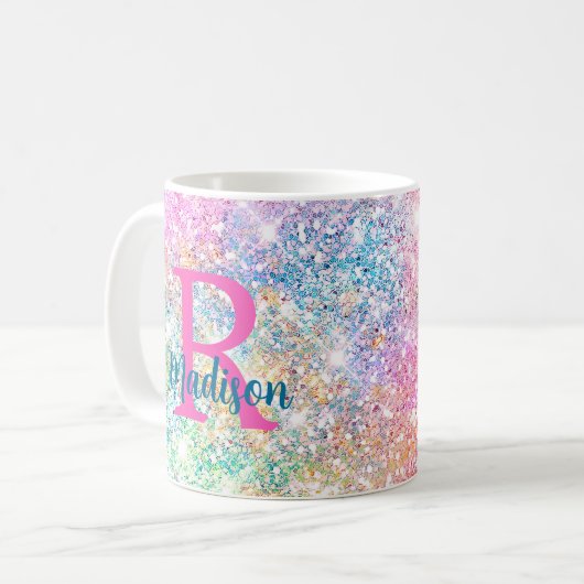 Niedliche irisierende, unicorfarbene Imitate Glitz Kaffeetasse (Vorderseite Links)