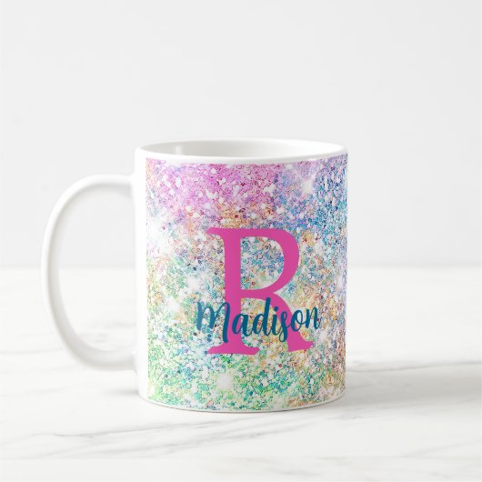 Niedliche irisierende, unicorfarbene Imitate Glitz Kaffeetasse (Links)