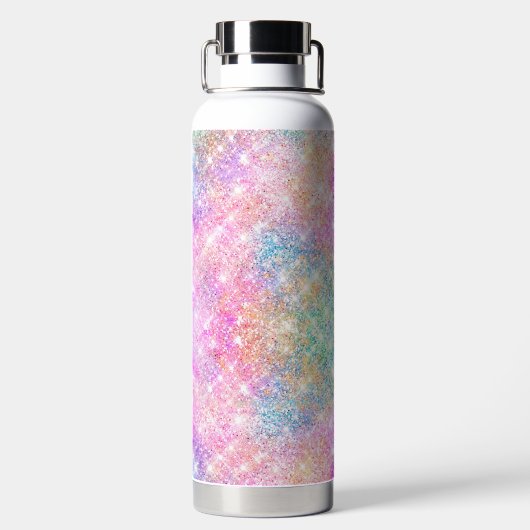 Niedliche irisierende, unicorfarbene Imitate Glitz Trinkflasche (Rückseite)