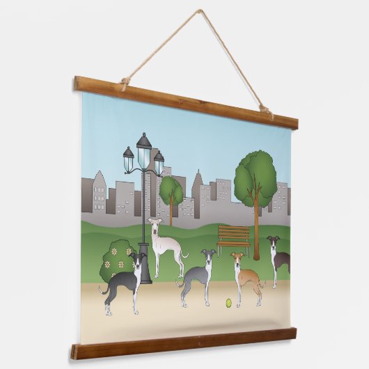 Niedliche italienische Greyhound Hunde im Park Car Wandteppich Mit Holzrahmen (Gewinkelt)