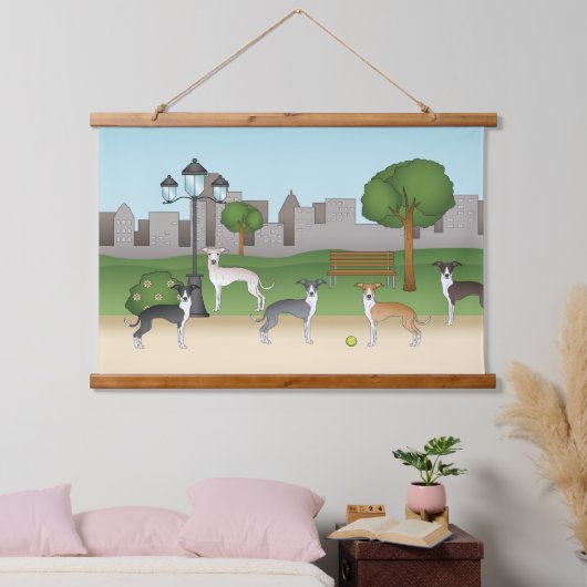 Niedliche italienische Greyhound Hunde im Park Car Wandteppich Mit Holzrahmen (Schlafzimmer)