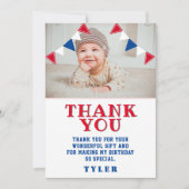 Niedliche Jagdfahnen Rotes blaues Kind Foto Geburt Dankeskarte (Vorderseite)