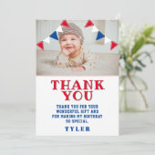 Niedliche Jagdfahnen Rotes blaues Kind Foto Geburt Dankeskarte (Stehend Vorderseite)