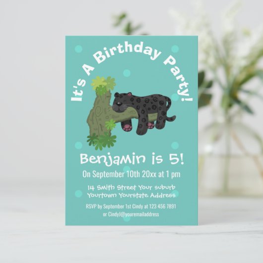 Niedliche Jaguar-Schwarzpanther-Katze-Cartoon-Abbi Einladung (Stehend Vorderseite)