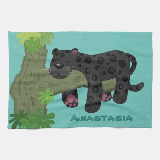Niedliche Jaguar-Schwarzpanther-Katze-Cartoon-Abbi Geschirrtuch (Horizontal)