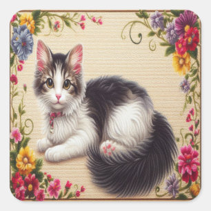 Niedliche japanische Bobtail Chat Farbige Blume Gr Quadratischer Aufkleber