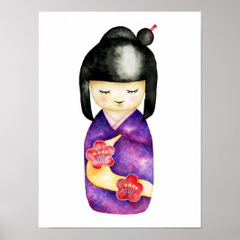 Niedliche japanische Kokeshi Doll Aquarellfärbung Poster