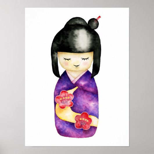 Niedliche japanische Kokeshi Doll Aquarellfärbung Poster (Vorne)