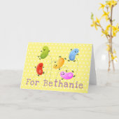 Niedliche Jellybohnen springende Cartoon-Abbildung Karte (Gelbe Blume)