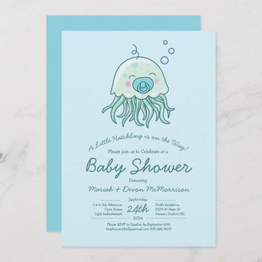 Niedliche Jellyfish Baby Dusche Kawaii Blue Boy Einladung (Vorne/Hinten)