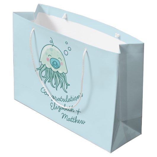 Niedliche Jellyfish Baby Dusche Kawaii Blue Boy Große Geschenktüte (Rückseite Schrägansicht)