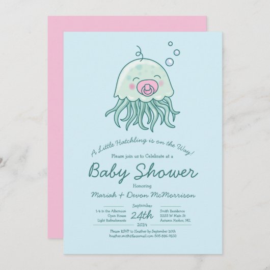 Niedliche Jellyfish Babydusche Kawaii Pink Girl Einladung (Vorne/Hinten)