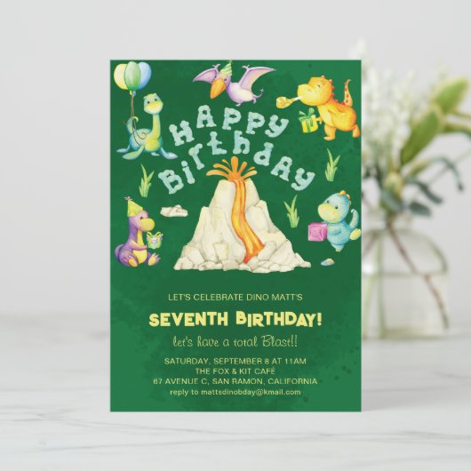 Niedliche Jungen Kinder Volcano Dinosaurier Geburt Einladung (Stehend Vorderseite)