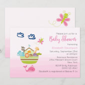 Niedliche Jungle Animal Ark Baby Dusche Rosa Einladung (Vorne/Hinten)