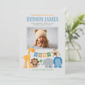 Niedliche Jungle Animals Baby Boy Blue Foto Birth Ankündigung (Stehend Vorderseite)
