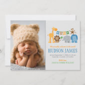 Niedliche Jungle Animals Baby Boy Blue Foto Birth Ankündigung (Vorderseite)
