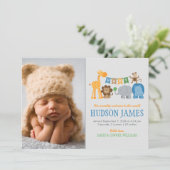 Niedliche Jungle Animals Baby Boy Blue Foto Birth Ankündigung (Stehend Vorderseite)