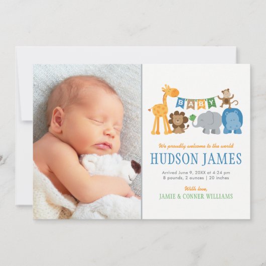 Niedliche Jungle Animals Baby Boy Blue Foto Birth Ankündigung (Vorderseite)