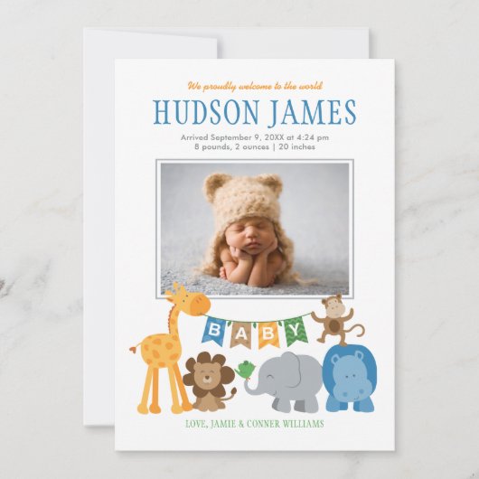 Niedliche Jungle Animals Baby Boy Blue Foto Birth Ankündigung (Vorderseite)