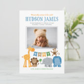 Niedliche Jungle Animals Baby Boy Blue Foto Birth Ankündigung (Stehend Vorderseite)