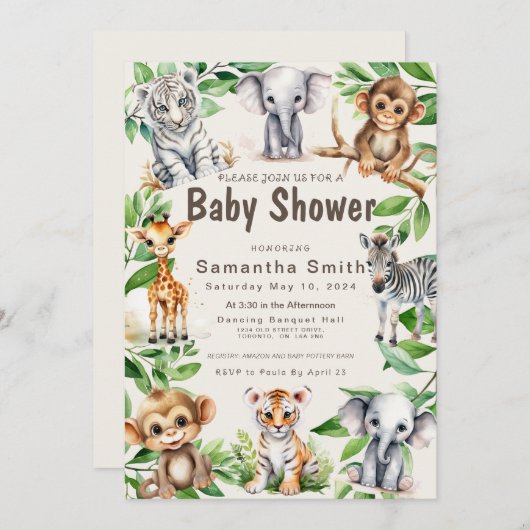 Niedliche Jungle Animals Greenery Baby Shover Einladung (Vorne/Hinten)