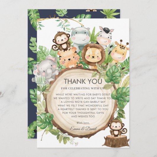 Niedliche Jungle Animals Greenery Babydusche Dankeskarte (Vorne/Hinten)