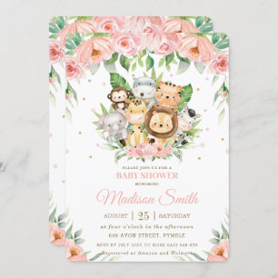 Niedliche Jungle Animals Safari Pink Floral Baby D Einladung