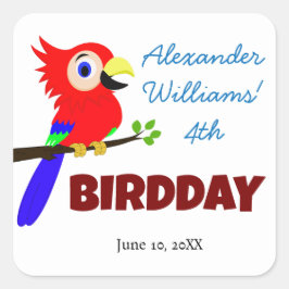 Niedliche Jungle Parrot Bird Kid's Birthday Party Quadratischer Aufkleber