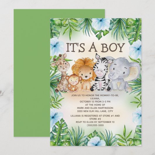 Niedliche Jungle Safari Animals Baby Boy Dusche Einladung (Vorne/Hinten)