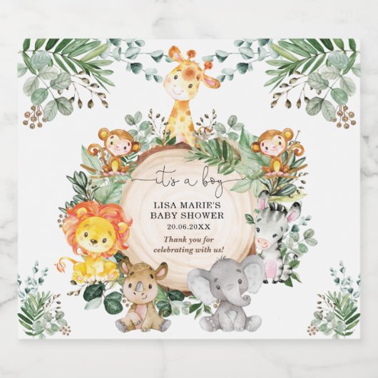 Niedliche Jungle Safari Animals Boy Baby Shower Fa Schaumweinetikett (Einzelnes Label)