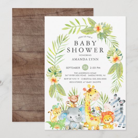 Niedliche Jungle Safari Baby Dusche Einladung (Vorne/Hinten)