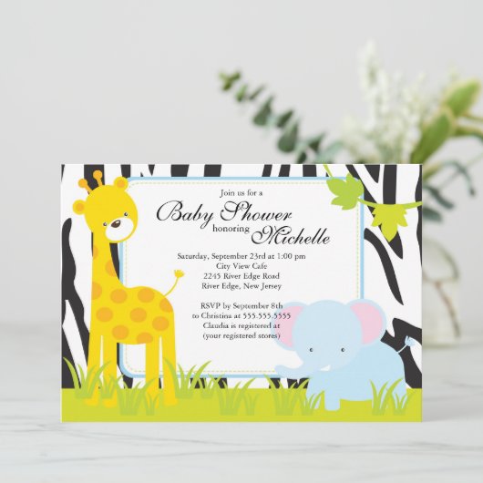 Niedliche Jungle Safari Babydusche Einladung (Stehend Vorderseite)