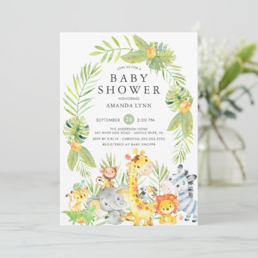 Niedliche Jungle Safari Neutrale Baby Dusche Einla Einladung (Stehend Vorderseite)