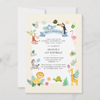 Niedliche Jungle Safari Tiere 1. Geburtstag Einladung