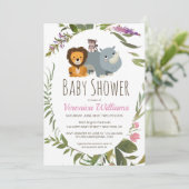 Niedliche Jungle Safari Tiere Rosa Kinderdusche Einladung (Stehend Vorderseite)