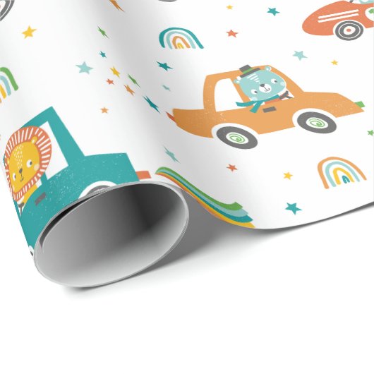 Niedliche Jungle Tiere in Autos mit Regenbogen Geschenkpapier (Rolleneckpunkt)