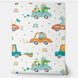 Niedliche Jungle Tiere in Autos mit Regenbogen Tapete