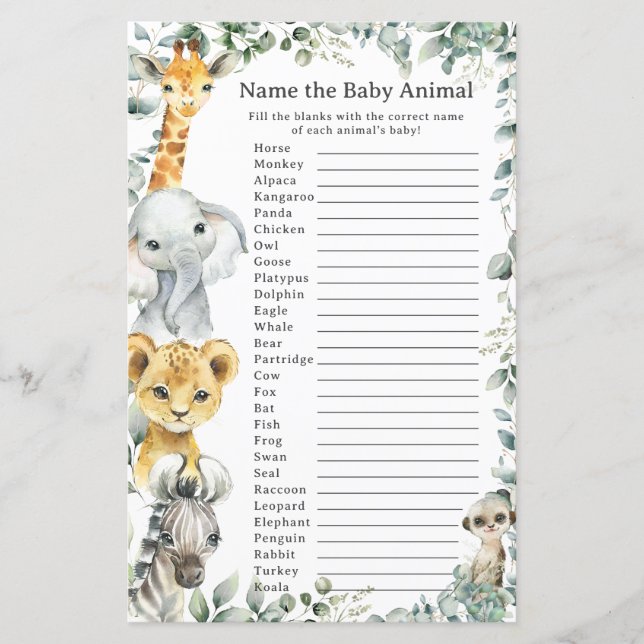 Niedliche Jungtiere Grüne Name Tierspiel (Vorderseite)