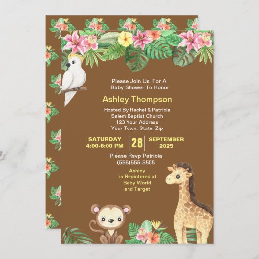 Niedliche Jungtiere Tropische Blume Kinderdusche Einladung (Vorne/Hinten)