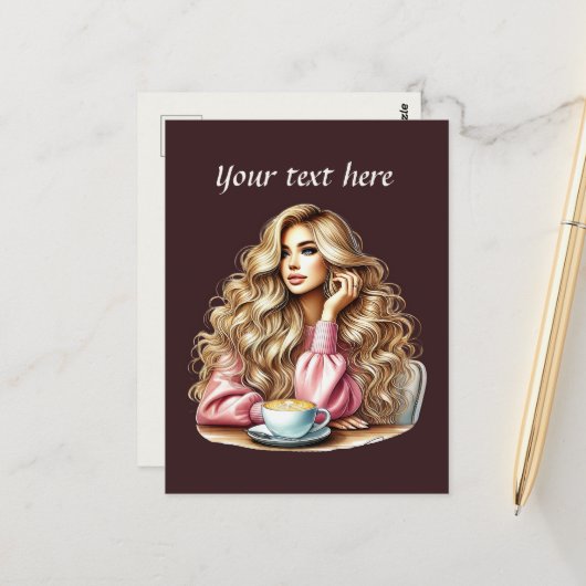 Niedliche Kaffeefrau ergänzt Text Postkarte (Vorderseite/Rückseite Beispiel)