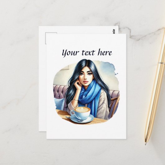 Niedliche Kaffeefrau ergänzt Text Postkarte (Vorderseite/Rückseite Beispiel)