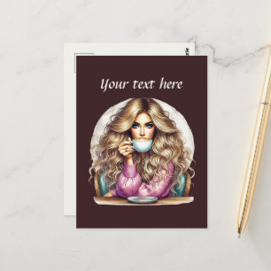 Niedliche Kaffeefrau ergänzt Text Postkarte