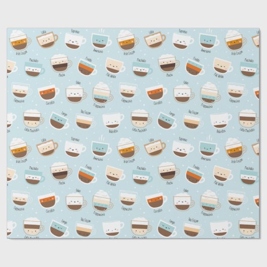 Niedliche Kaffeetassen auf hellblauen Umhüllungspa Geschenkpapier (Flach)