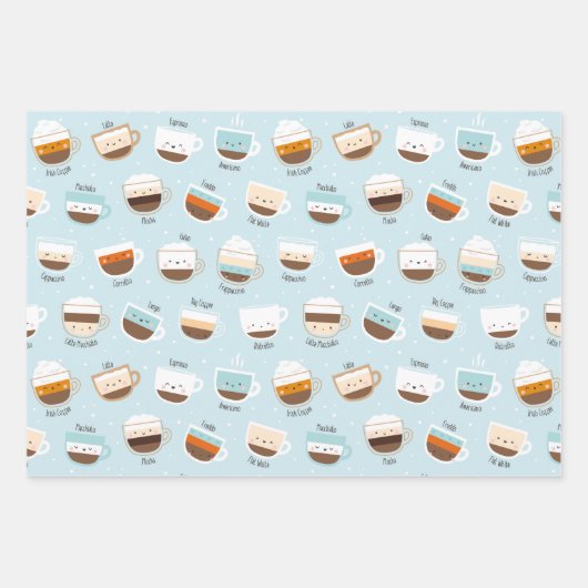 Niedliche Kaffeetassen und Bohnen in Pastellfarben Geschenkpapier Set (Vorderseite 3)