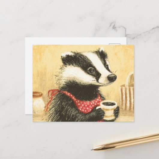 Niedliche Kaffeezeit mit bezaubernder Miss Badger Postkarte (Vorderseite/Rückseite Beispiel)