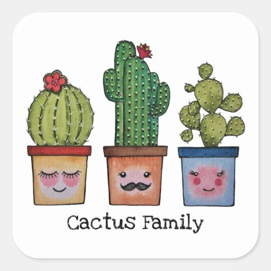Niedliche Kakteen in Aquarellfarben Quadratischer Aufkleber (Vorderseite)