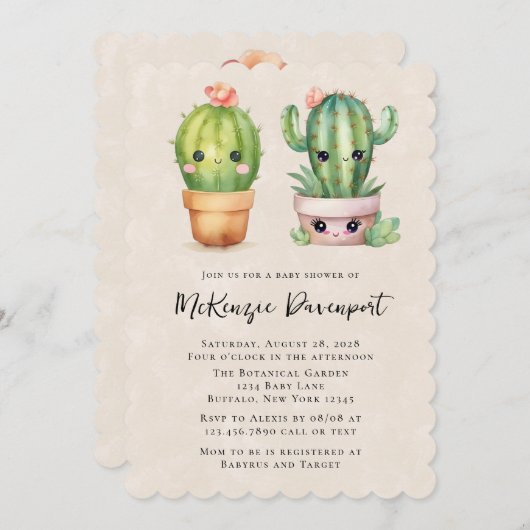 Niedliche Kaktus Kinderdusche Einladung (Vorne/Hinten)